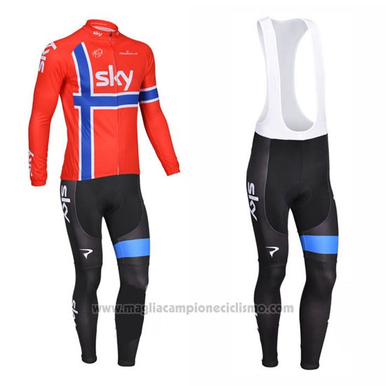 2013 Abbigliamento Ciclismo Sky Campione Norvegia Blu e Rosso Manica Lunga e Salopette